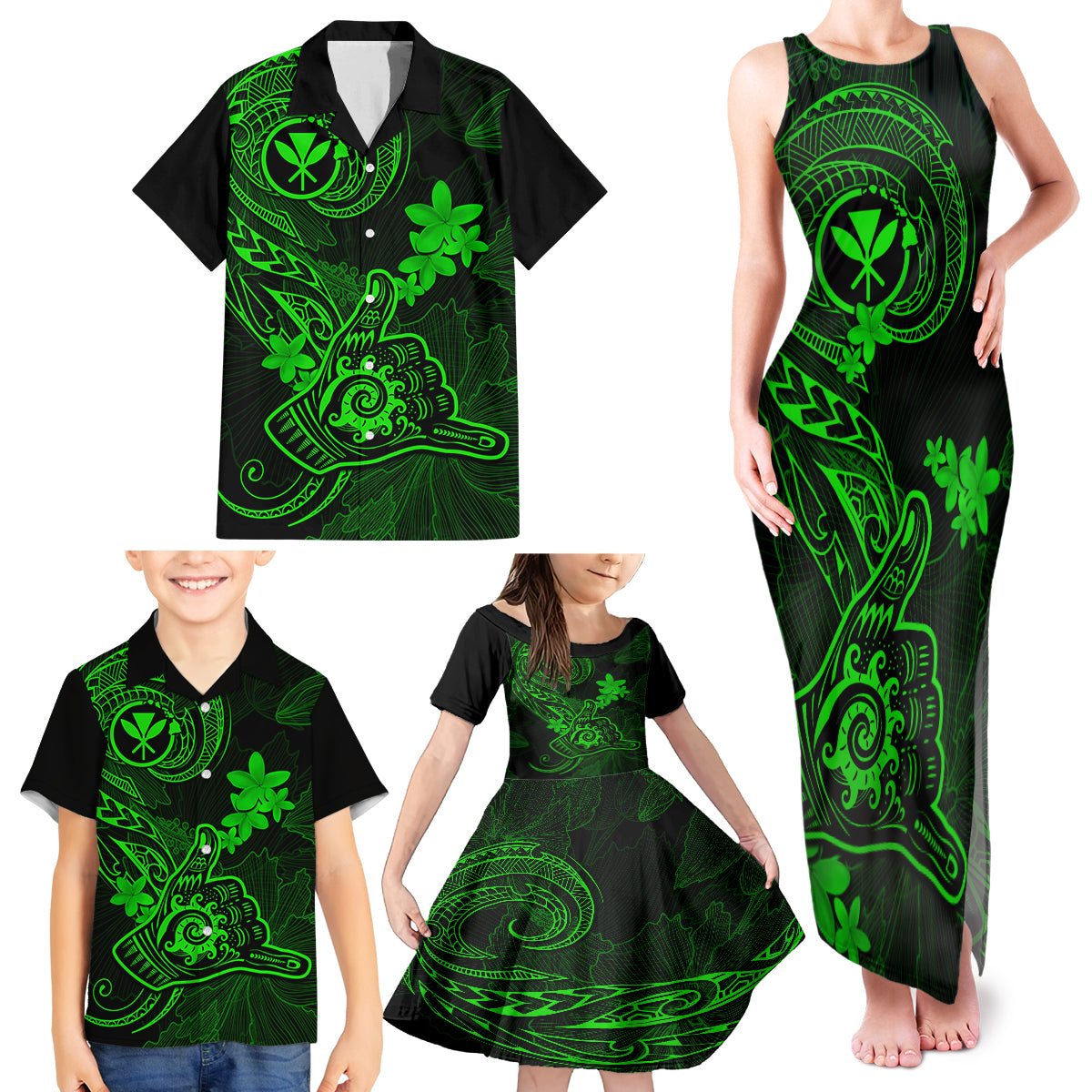 Hawaii Family Matching Tank Maxi Dress and Hawaiian Shirt Shaka Tattoo Mix Polynesian Plumeria Green Version - Wonder Print Shop