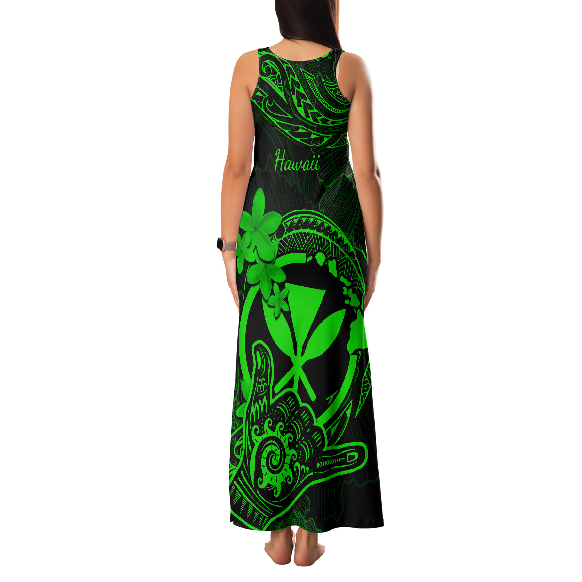 Hawaii Family Matching Tank Maxi Dress and Hawaiian Shirt Shaka Tattoo Mix Polynesian Plumeria Green Version - Wonder Print Shop
