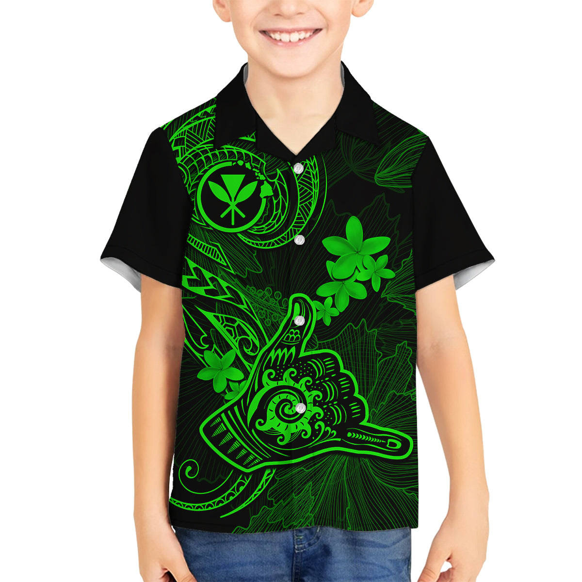 Hawaii Kid Hawaiian Shirt Shaka Tattoo Mix Polynesian Plumeria Green Version - Wonder Print Shop