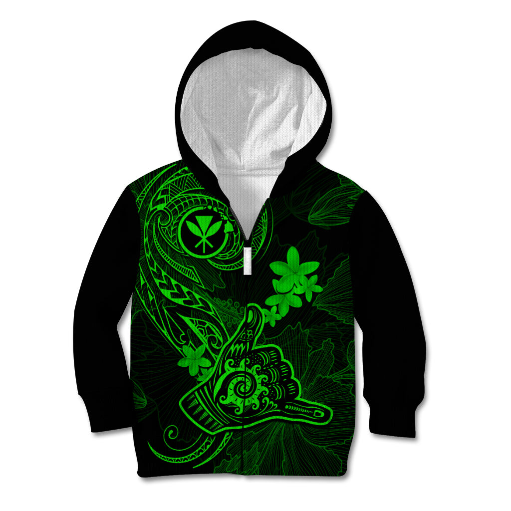 Hawaii Kid Hoodie Shaka Tattoo Mix Polynesian Plumeria Green Version - Wonder Print Shop