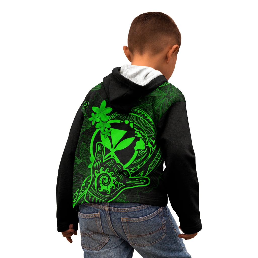 Hawaii Kid Hoodie Shaka Tattoo Mix Polynesian Plumeria Green Version - Wonder Print Shop