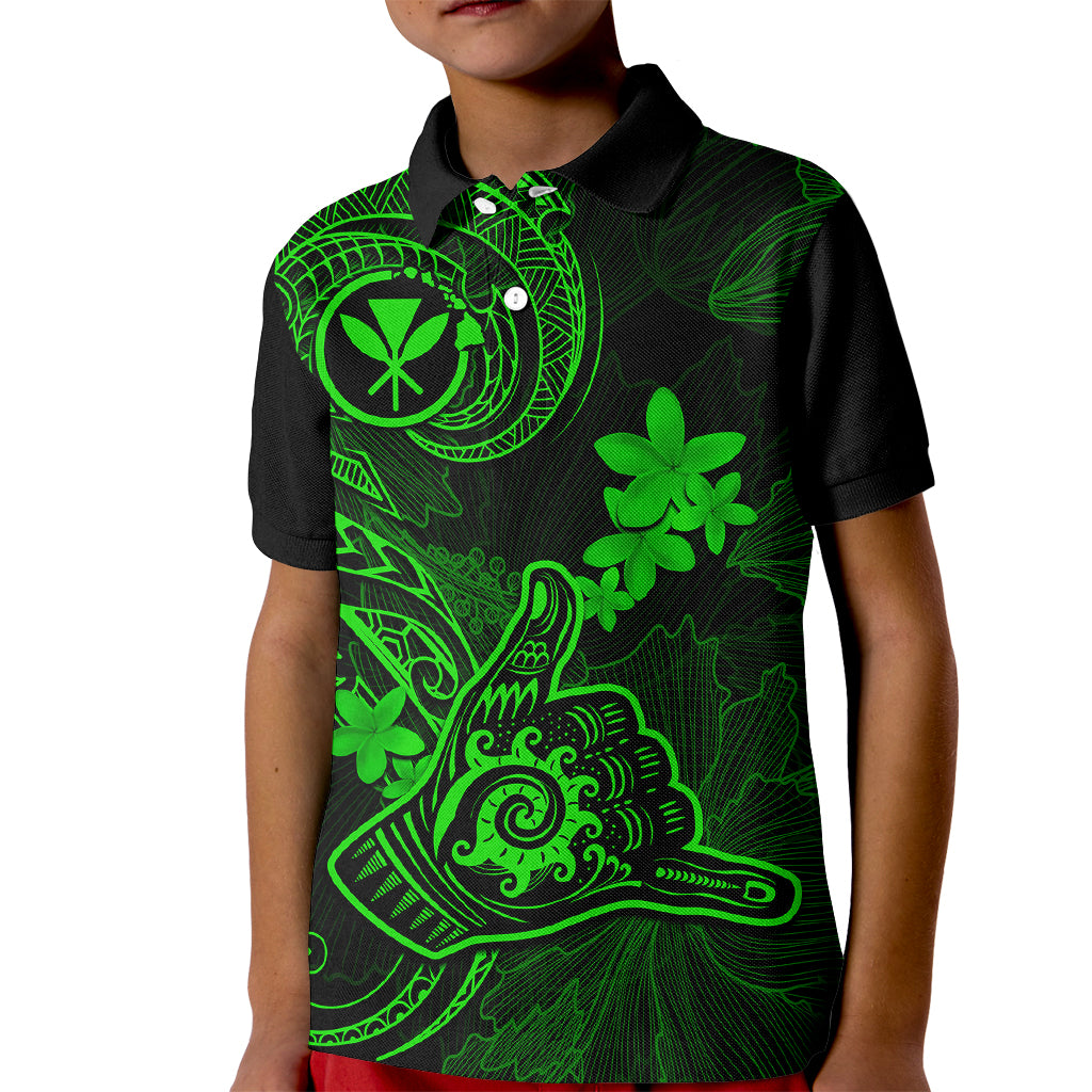 Hawaii Kid Polo Shirt Shaka Tattoo Mix Polynesian Plumeria Green Version - Wonder Print Shop