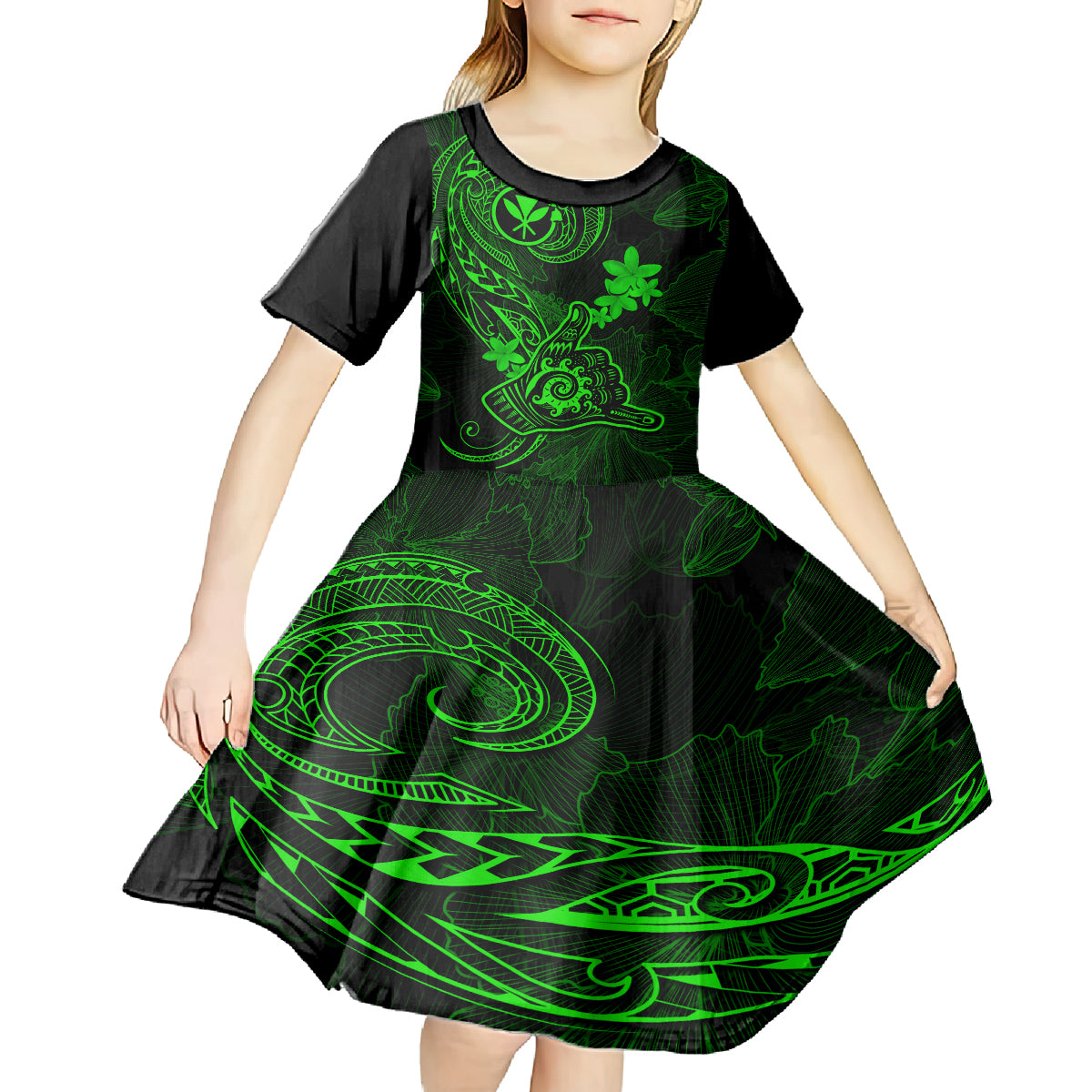 Hawaii Kid Short Sleeve Dress Shaka Tattoo Mix Polynesian Plumeria Green Version - Wonder Print Shop