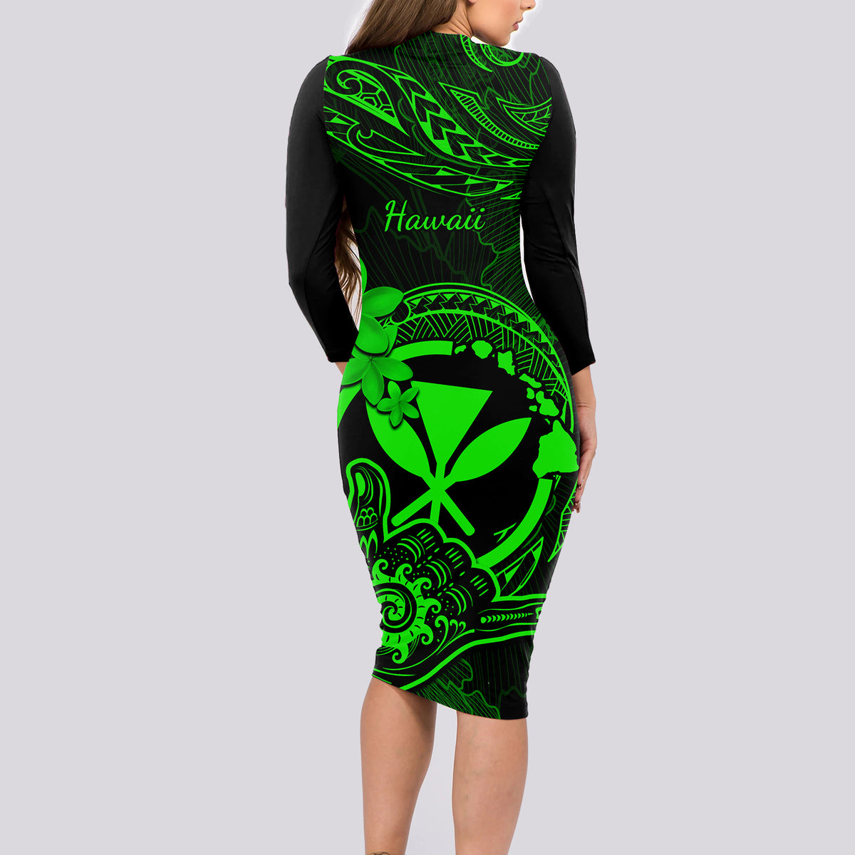 Hawaii Long Sleeve Bodycon Dress Shaka Tattoo Mix Polynesian Plumeria Green Version - Wonder Print Shop