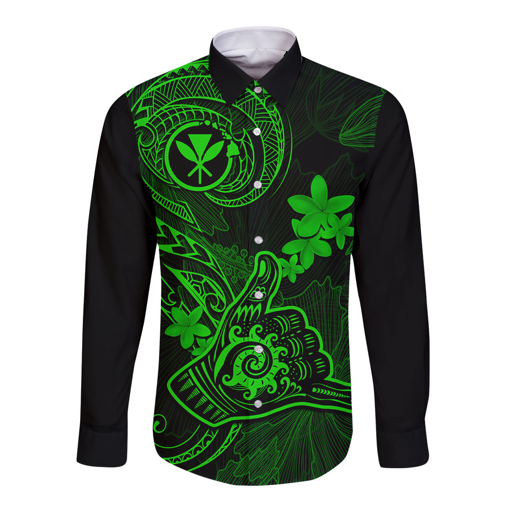Hawaii Long Sleeve Button Shirt Shaka Tattoo Mix Polynesian Plumeria Green Version - Wonder Print Shop