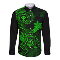 Hawaii Long Sleeve Button Shirt Shaka Tattoo Mix Polynesian Plumeria Green Version - Wonder Print Shop