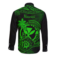 Hawaii Long Sleeve Button Shirt Shaka Tattoo Mix Polynesian Plumeria Green Version - Wonder Print Shop
