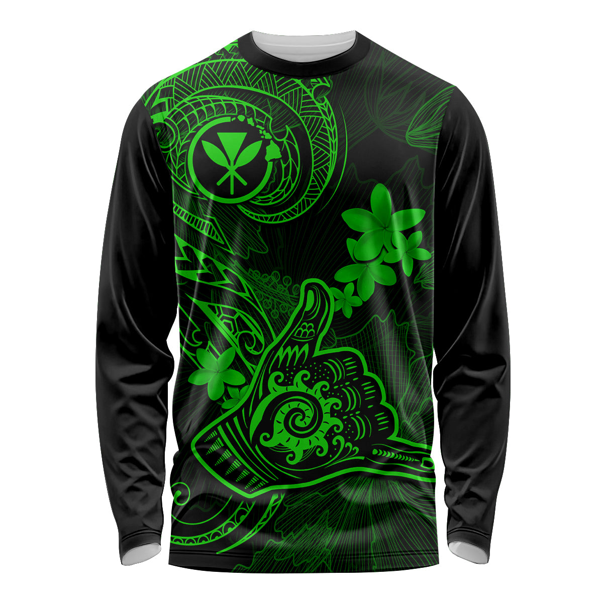 Hawaii Long Sleeve Shirt Shaka Tattoo Mix Polynesian Plumeria Green Version - Wonder Print Shop