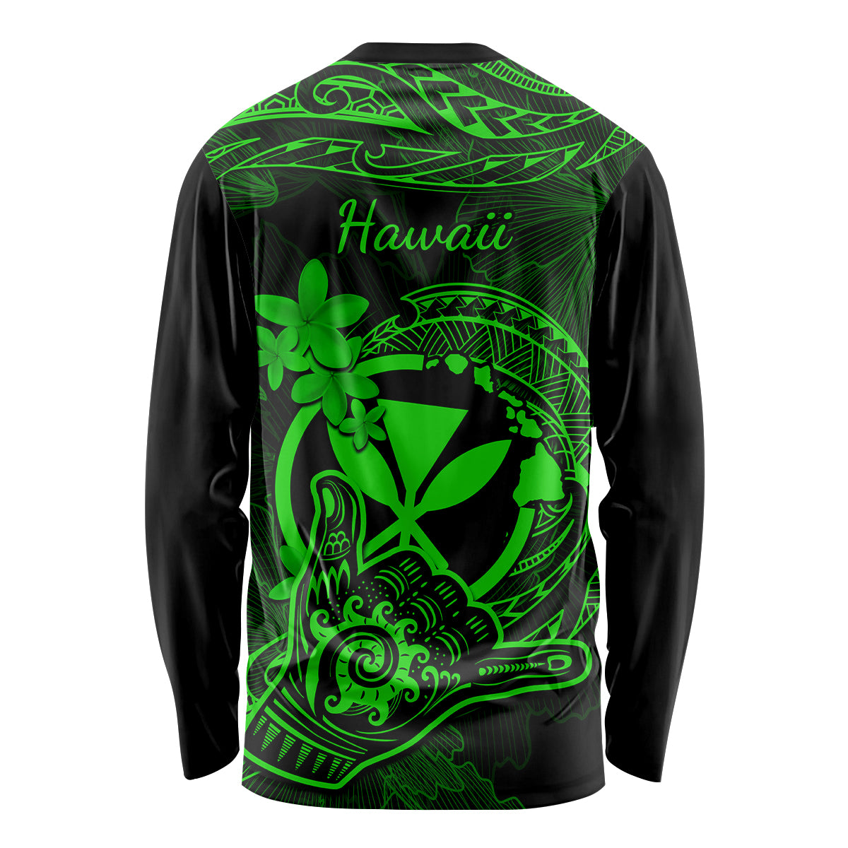Hawaii Long Sleeve Shirt Shaka Tattoo Mix Polynesian Plumeria Green Version - Wonder Print Shop