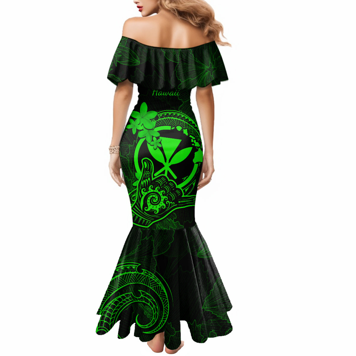 Hawaii Mermaid Dress Shaka Tattoo Mix Polynesian Plumeria Green Version - Wonder Print Shop