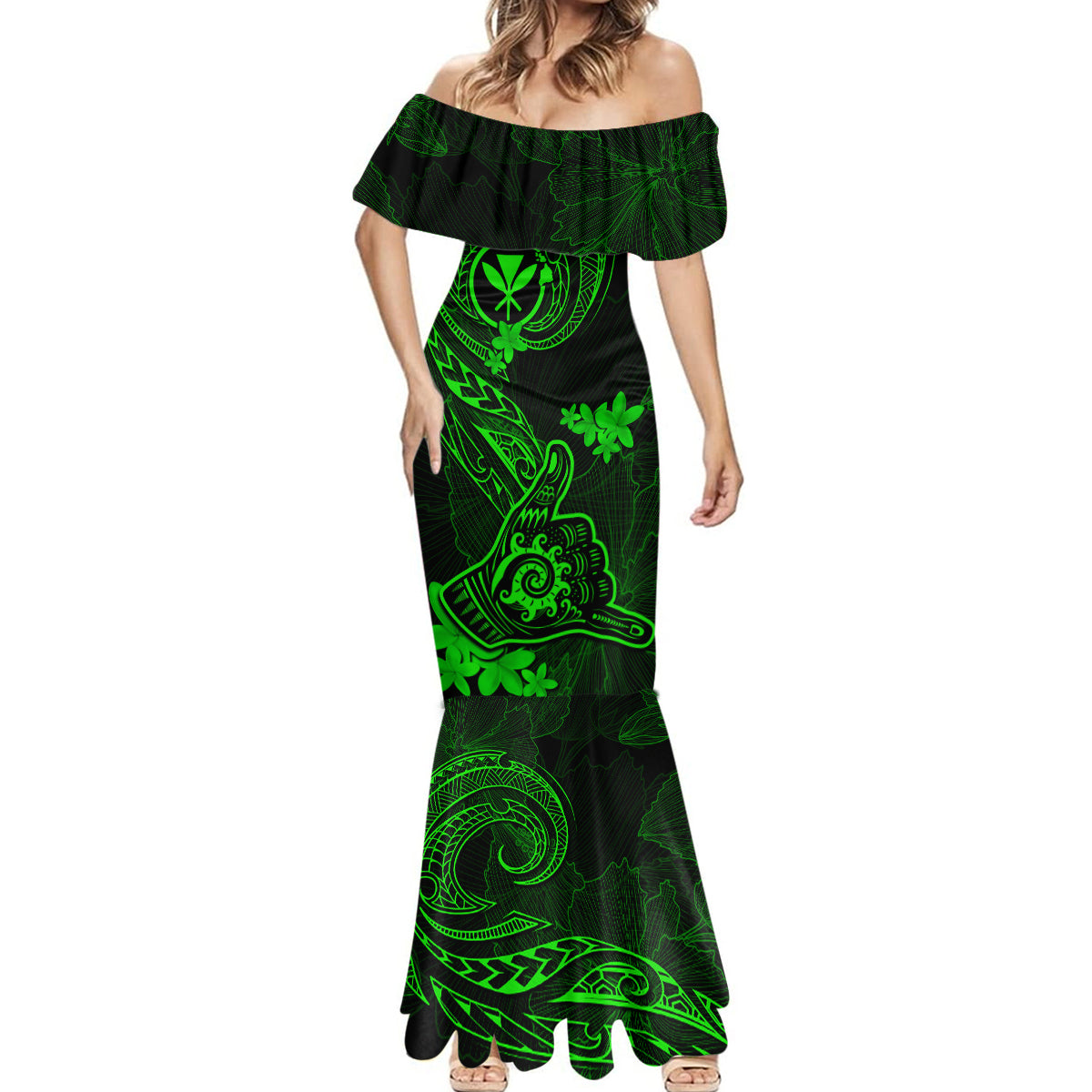 Hawaii Mermaid Dress Shaka Tattoo Mix Polynesian Plumeria Green Version - Wonder Print Shop