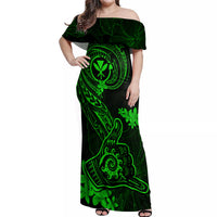 Hawaii Off Shoulder Maxi Dress Shaka Tattoo Mix Polynesian Plumeria Green Version - Wonder Print Shop