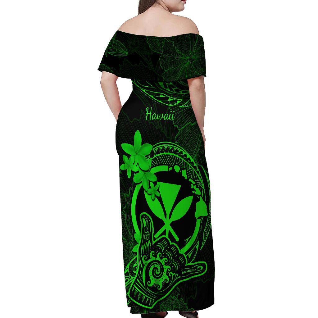 Hawaii Off Shoulder Maxi Dress Shaka Tattoo Mix Polynesian Plumeria Green Version - Wonder Print Shop