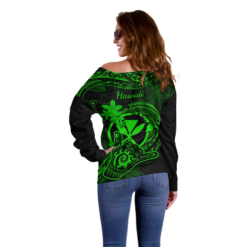 Hawaii Off Shoulder Sweater Shaka Tattoo Mix Polynesian Plumeria Green Version - Wonder Print Shop