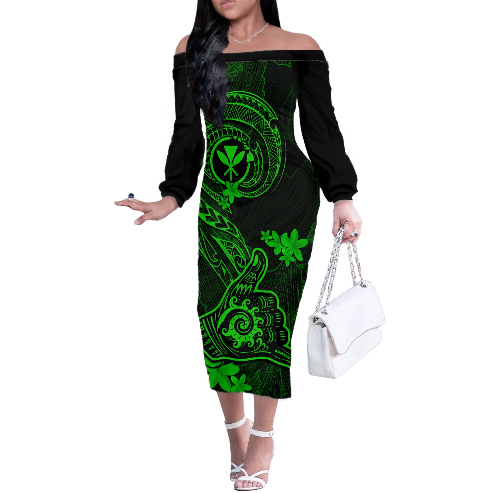 Hawaii Off The Shoulder Long Sleeve Dress Shaka Tattoo Mix Polynesian Plumeria Green Version - Wonder Print Shop