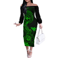 Hawaii Off The Shoulder Long Sleeve Dress Shaka Tattoo Mix Polynesian Plumeria Green Version - Wonder Print Shop