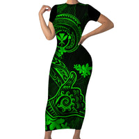 Hawaii Short Sleeve Bodycon Dress Shaka Tattoo Mix Polynesian Plumeria Green Version - Wonder Print Shop