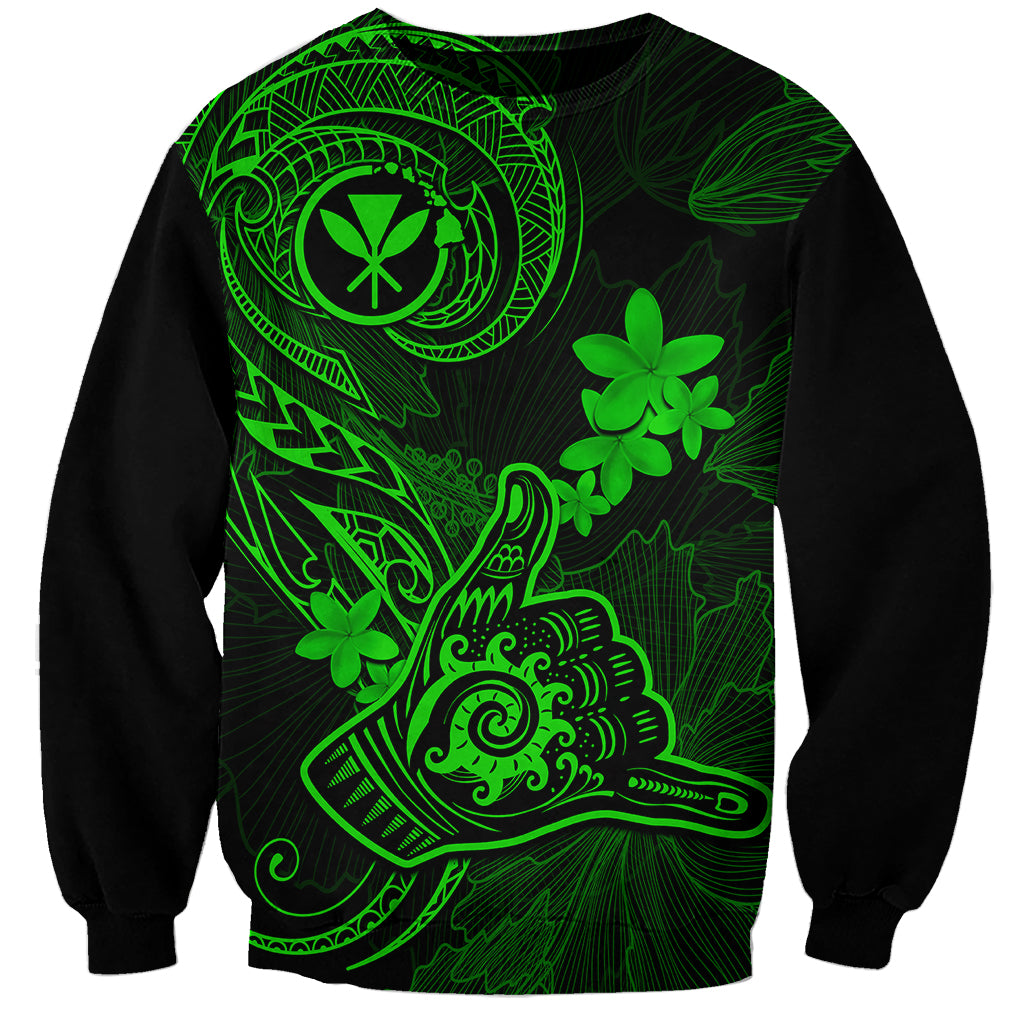 Hawaii Sweatshirt Shaka Tattoo Mix Polynesian Plumeria Green Version - Wonder Print Shop