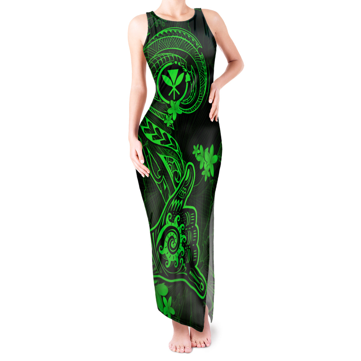 Hawaii Tank Maxi Dress Shaka Tattoo Mix Polynesian Plumeria Green Version - Wonder Print Shop