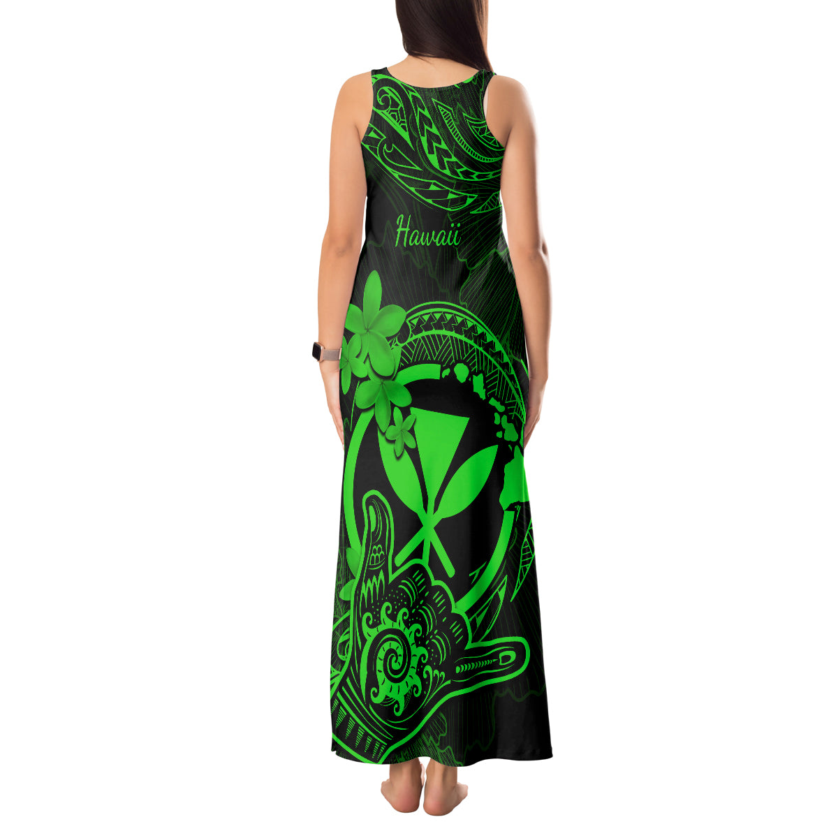 Hawaii Tank Maxi Dress Shaka Tattoo Mix Polynesian Plumeria Green Version - Wonder Print Shop