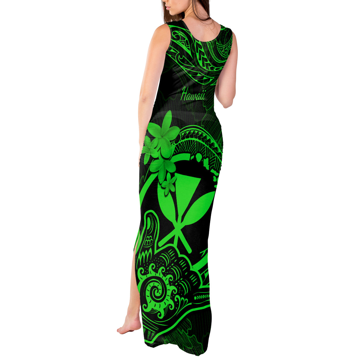 Hawaii Tank Maxi Dress Shaka Tattoo Mix Polynesian Plumeria Green Version - Wonder Print Shop