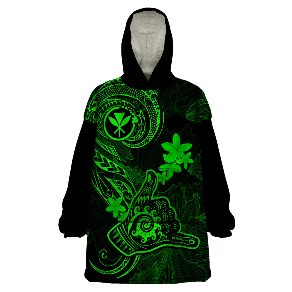 Hawaii Wearable Blanket Hoodie Shaka Tattoo Mix Polynesian Plumeria Green Version - Wonder Print Shop