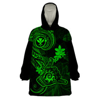 Hawaii Wearable Blanket Hoodie Shaka Tattoo Mix Polynesian Plumeria Green Version - Wonder Print Shop