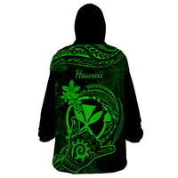 Hawaii Wearable Blanket Hoodie Shaka Tattoo Mix Polynesian Plumeria Green Version - Wonder Print Shop