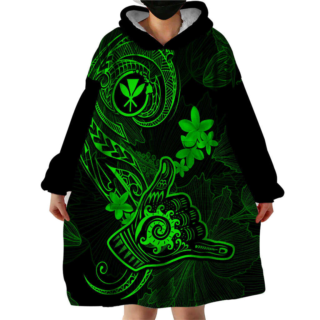 Hawaii Wearable Blanket Hoodie Shaka Tattoo Mix Polynesian Plumeria Green Version - Wonder Print Shop