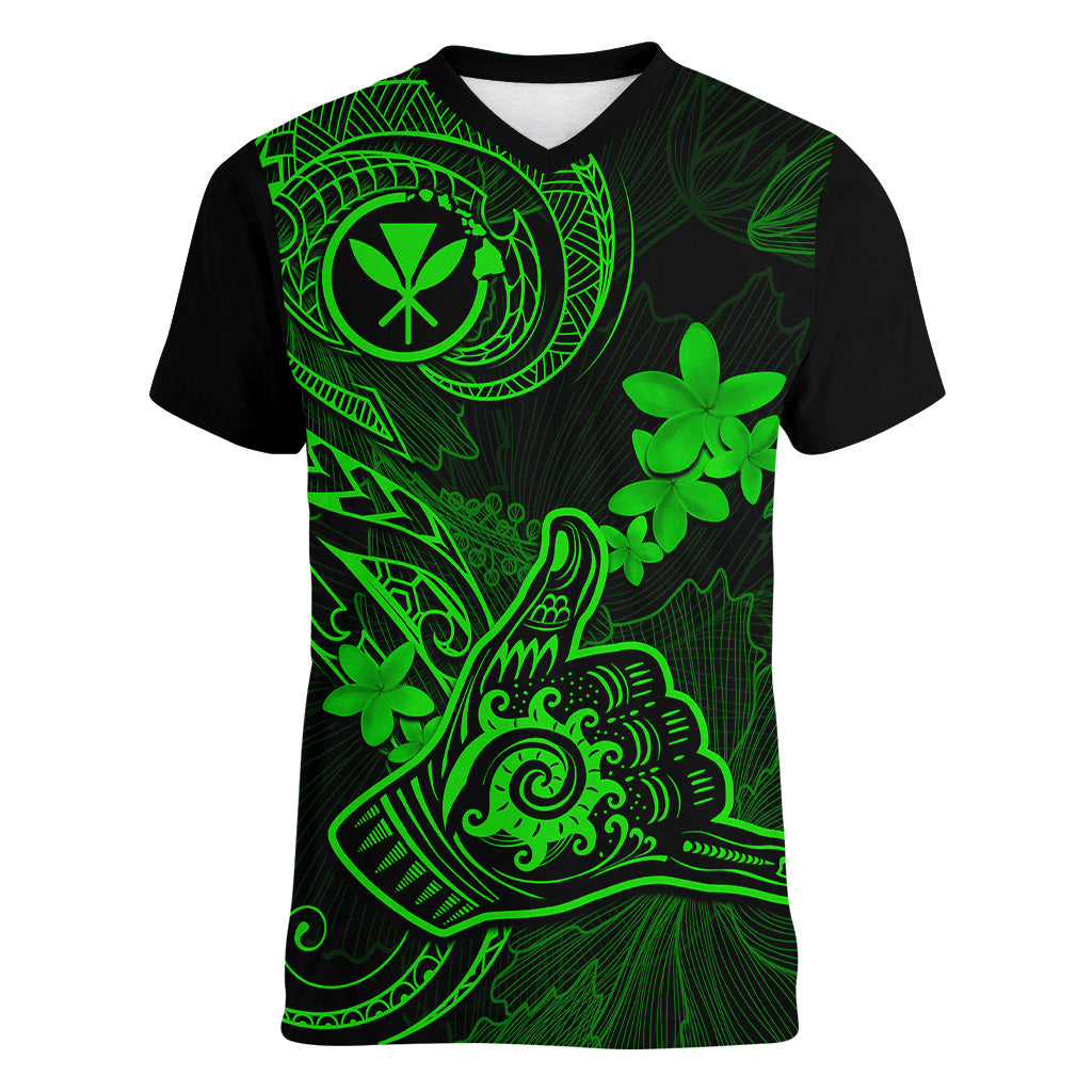 Hawaii Women V Neck T Shirt Shaka Tattoo Mix Polynesian Plumeria Green Version - Wonder Print Shop