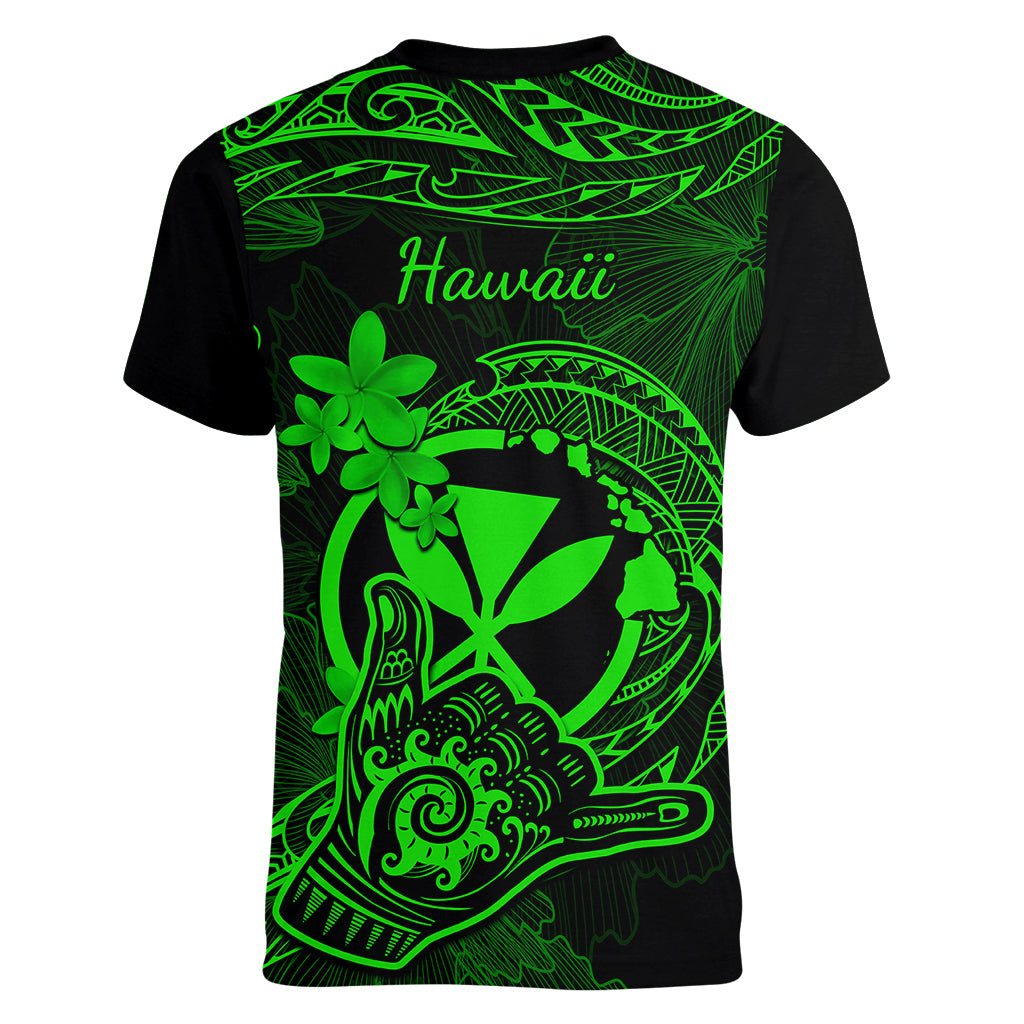 Hawaii Women V Neck T Shirt Shaka Tattoo Mix Polynesian Plumeria Green Version - Wonder Print Shop