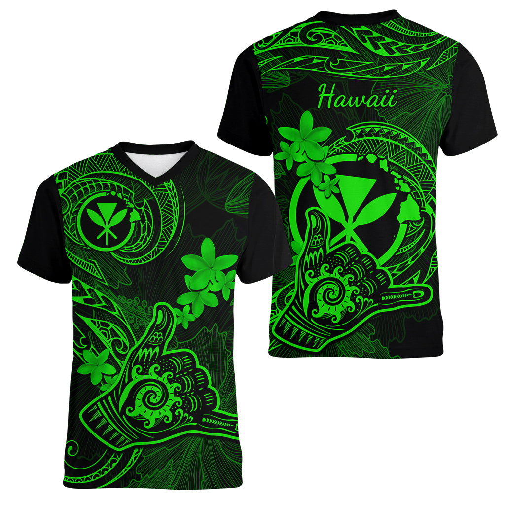 Hawaii Women V Neck T Shirt Shaka Tattoo Mix Polynesian Plumeria Green Version - Wonder Print Shop