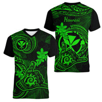 Hawaii Women V Neck T Shirt Shaka Tattoo Mix Polynesian Plumeria Green Version - Wonder Print Shop