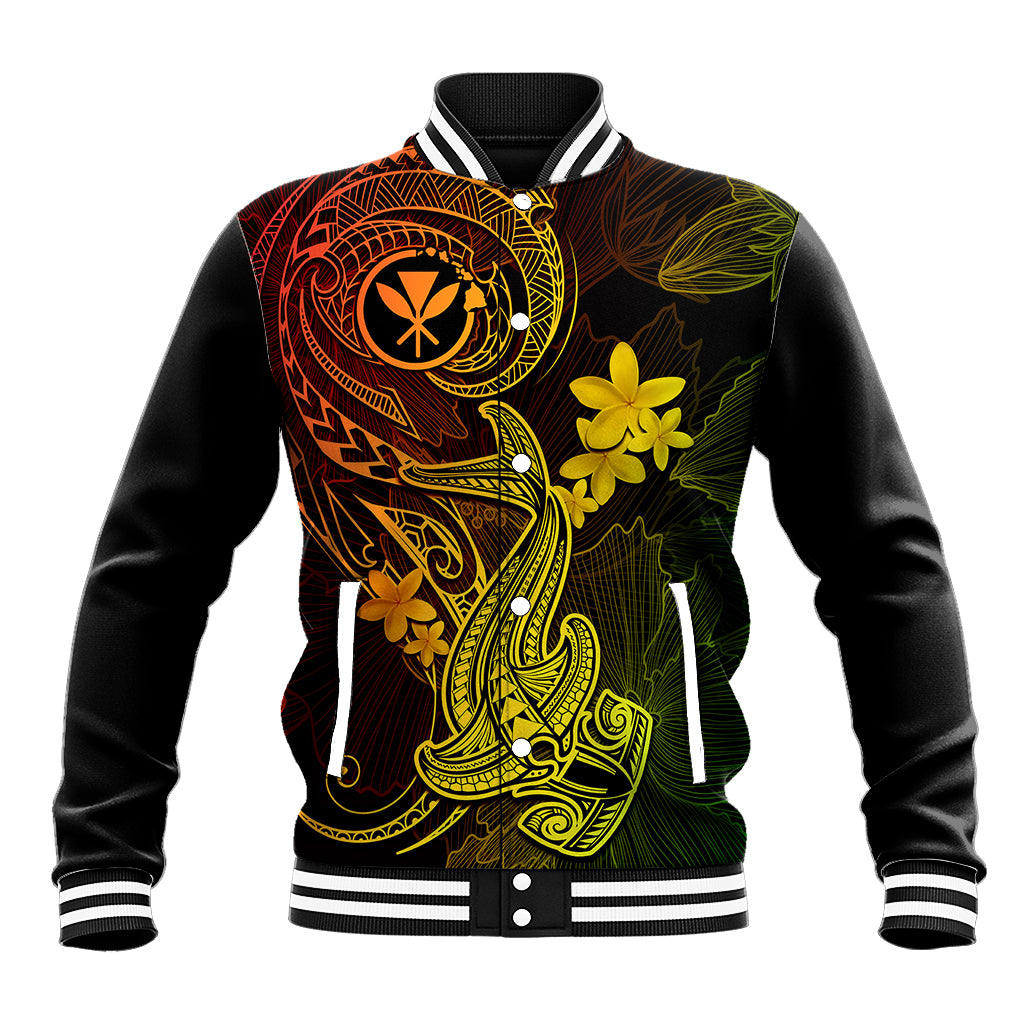 Hawaii Baseball Jacket Hammerhead Shark Tattoo Mix Polynesian Plumeria Reggae Version - Wonder Print Shop