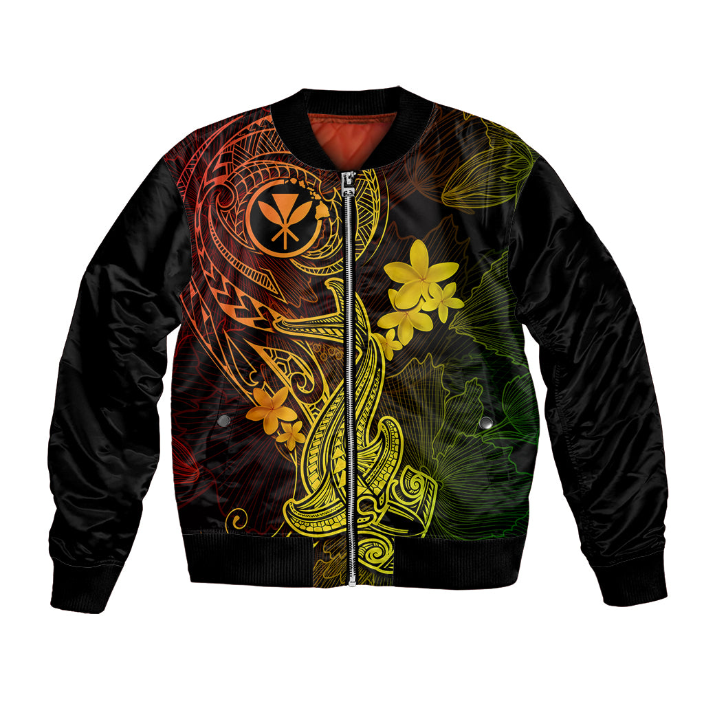 Hawaii Bomber Jacket Hammerhead Shark Tattoo Mix Polynesian Plumeria Reggae Version - Wonder Print Shop