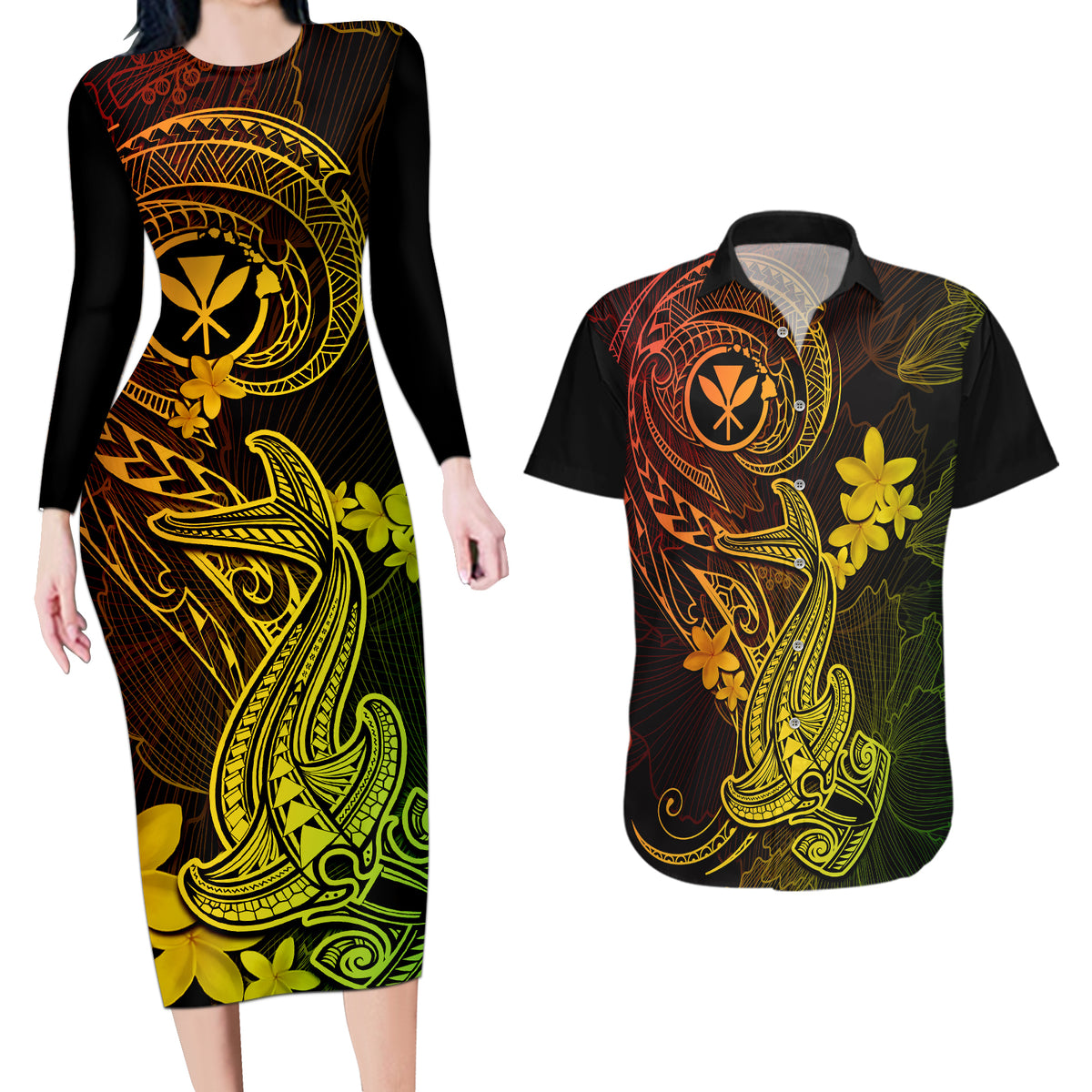 Hawaii Couples Matching Long Sleeve Bodycon Dress and Hawaiian Shirt Hammerhead Shark Tattoo Mix Polynesian Plumeria Reggae Version - Wonder Print Shop