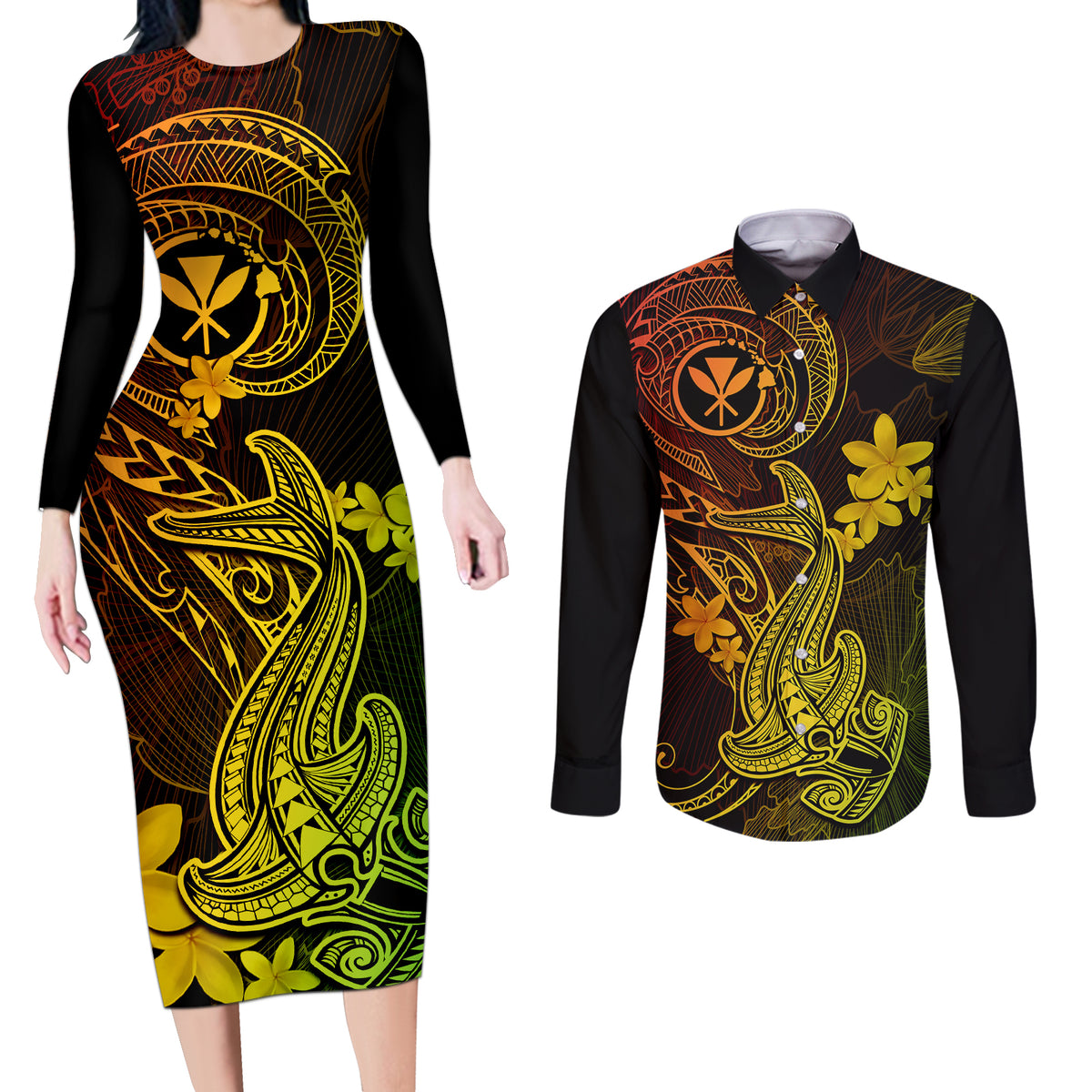 Hawaii Couples Matching Long Sleeve Bodycon Dress and Long Sleeve Button Shirts Hammerhead Shark Tattoo Mix Polynesian Plumeria Reggae Version - Wonder Print Shop