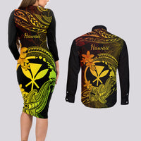 Hawaii Couples Matching Long Sleeve Bodycon Dress and Long Sleeve Button Shirts Hammerhead Shark Tattoo Mix Polynesian Plumeria Reggae Version - Wonder Print Shop