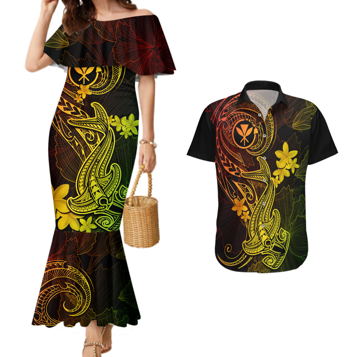 Hawaii Couples Matching Mermaid Dress and Hawaiian Shirt Hammerhead Shark Tattoo Mix Polynesian Plumeria Reggae Version - Wonder Print Shop