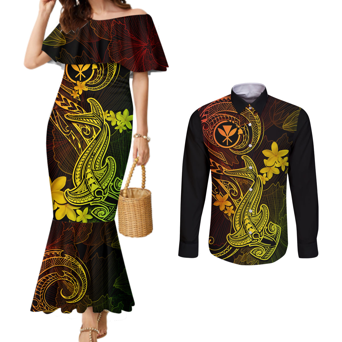 hawaii-couples-matching-mermaid-dress-and-long-sleeve-button-shirts-hammerhead-shark-tattoo-mix-polynesian-plumeria-reggae-version