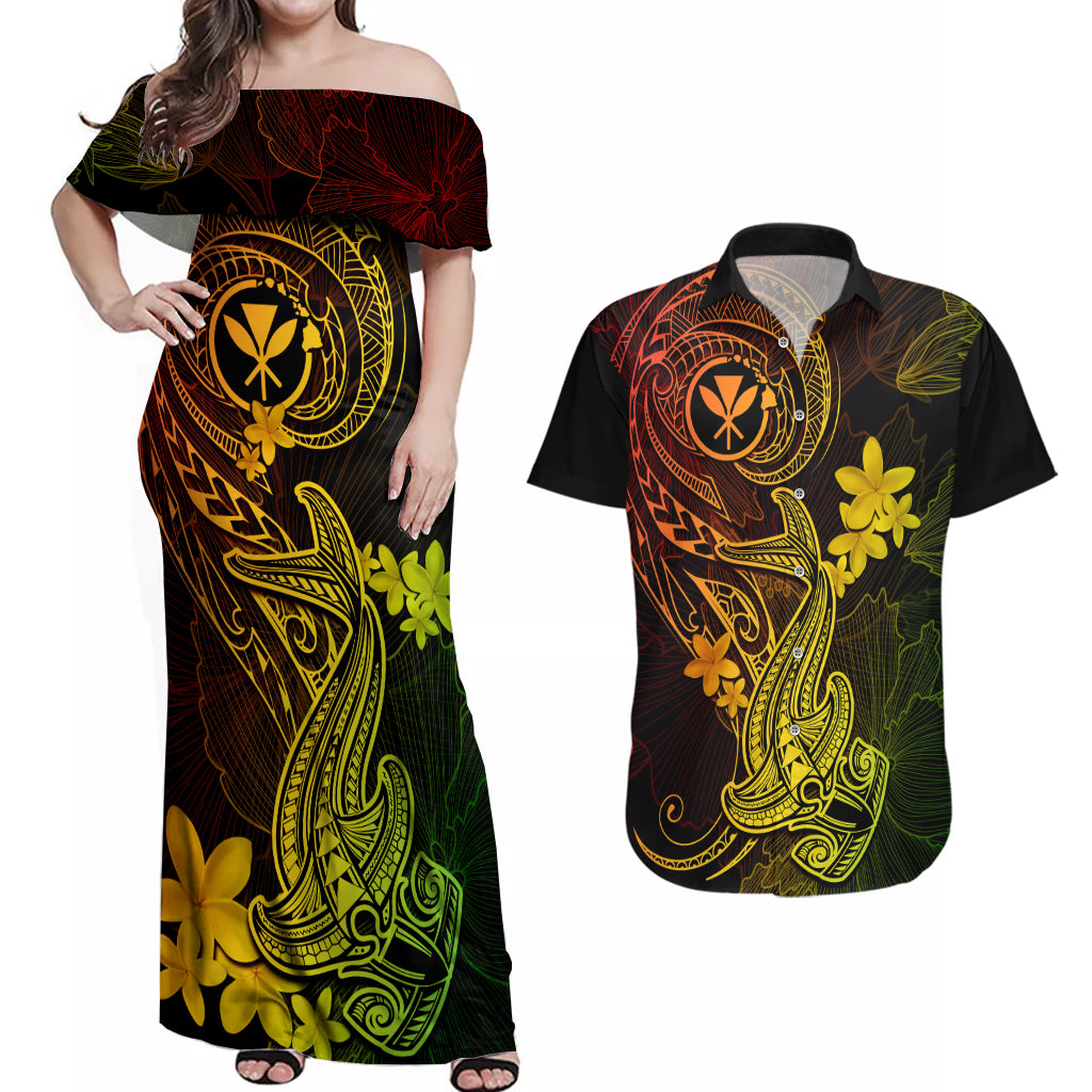 Hawaii Couples Matching Off Shoulder Maxi Dress and Hawaiian Shirt Hammerhead Shark Tattoo Mix Polynesian Plumeria Reggae Version - Wonder Print Shop