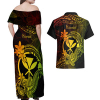 Hawaii Couples Matching Off Shoulder Maxi Dress and Hawaiian Shirt Hammerhead Shark Tattoo Mix Polynesian Plumeria Reggae Version - Wonder Print Shop