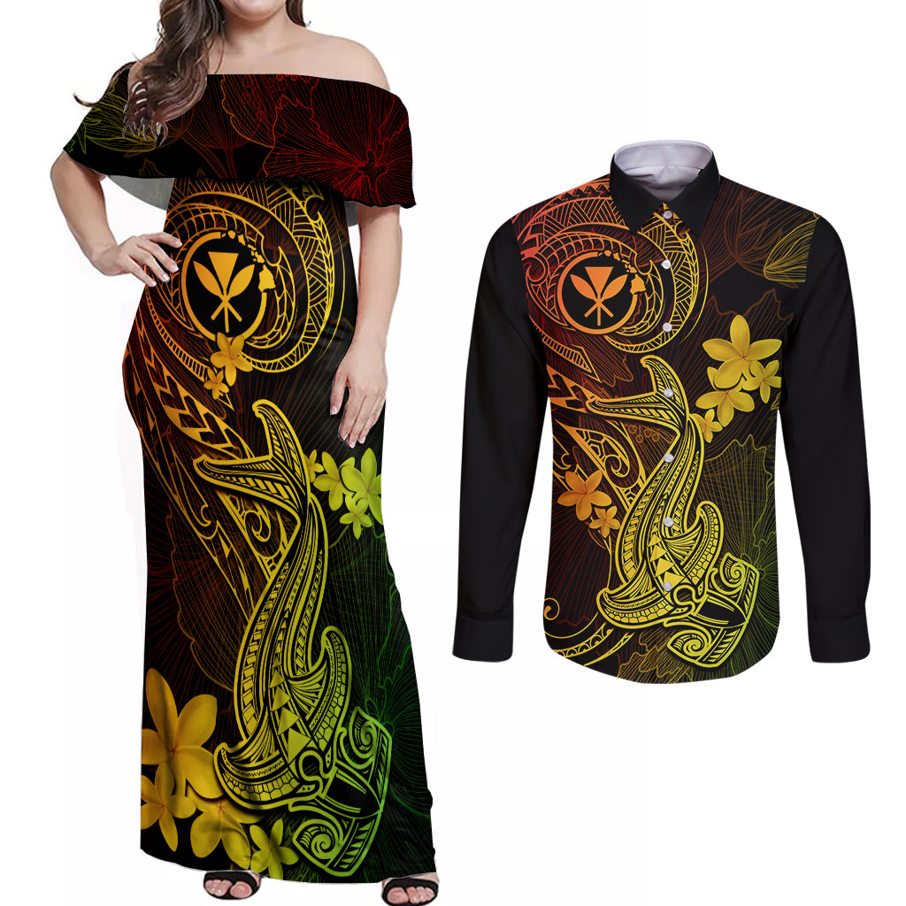 Hawaii Couples Matching Off Shoulder Maxi Dress and Long Sleeve Button Shirts Hammerhead Shark Tattoo Mix Polynesian Plumeria Reggae Version - Wonder Print Shop
