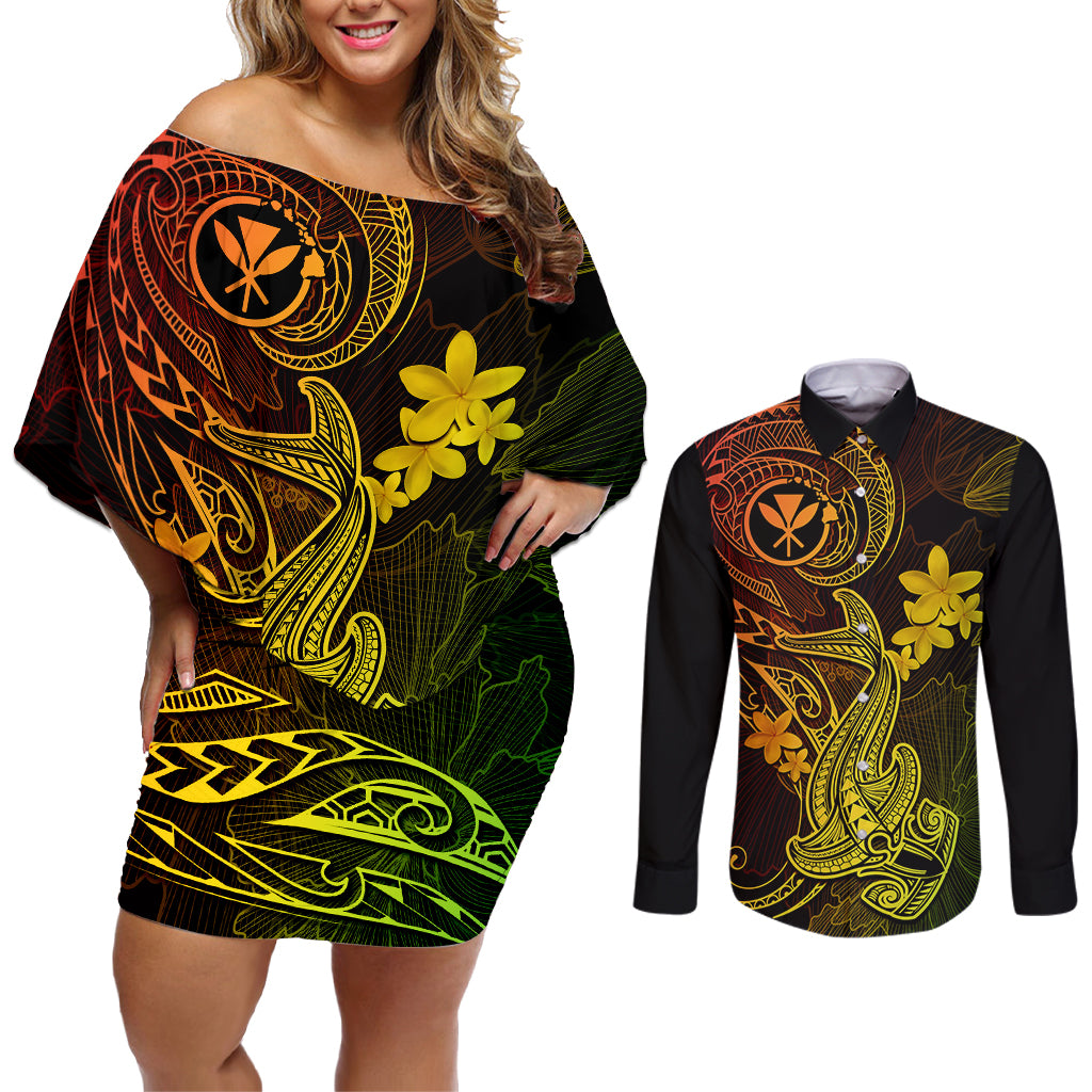 Hawaii Couples Matching Off Shoulder Short Dress and Long Sleeve Button Shirts Hammerhead Shark Tattoo Mix Polynesian Plumeria Reggae Version - Wonder Print Shop