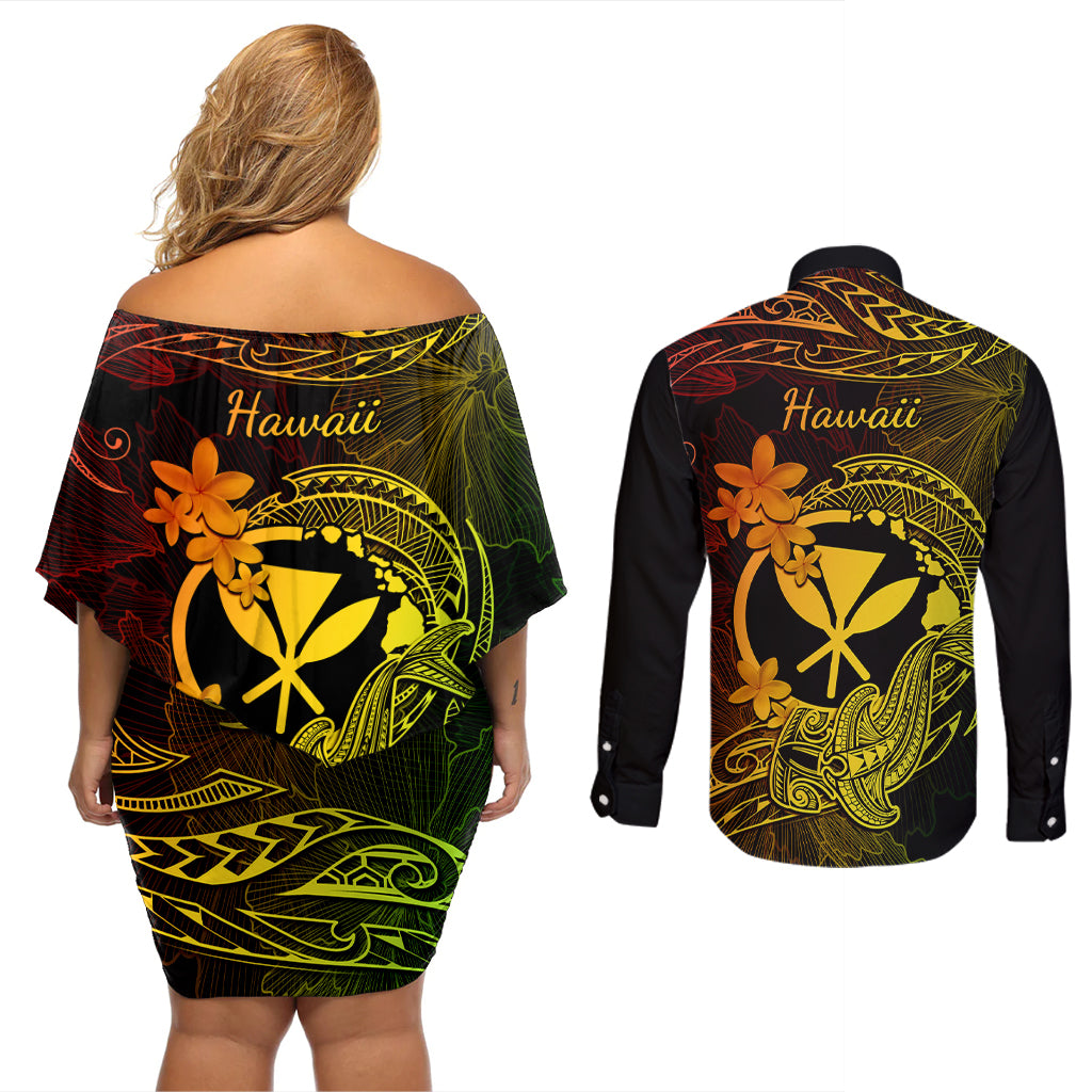 Hawaii Couples Matching Off Shoulder Short Dress and Long Sleeve Button Shirts Hammerhead Shark Tattoo Mix Polynesian Plumeria Reggae Version - Wonder Print Shop
