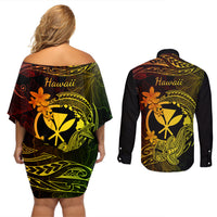 Hawaii Couples Matching Off Shoulder Short Dress and Long Sleeve Button Shirts Hammerhead Shark Tattoo Mix Polynesian Plumeria Reggae Version - Wonder Print Shop