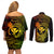 Hawaii Couples Matching Off Shoulder Short Dress and Long Sleeve Button Shirts Hammerhead Shark Tattoo Mix Polynesian Plumeria Reggae Version - Wonder Print Shop