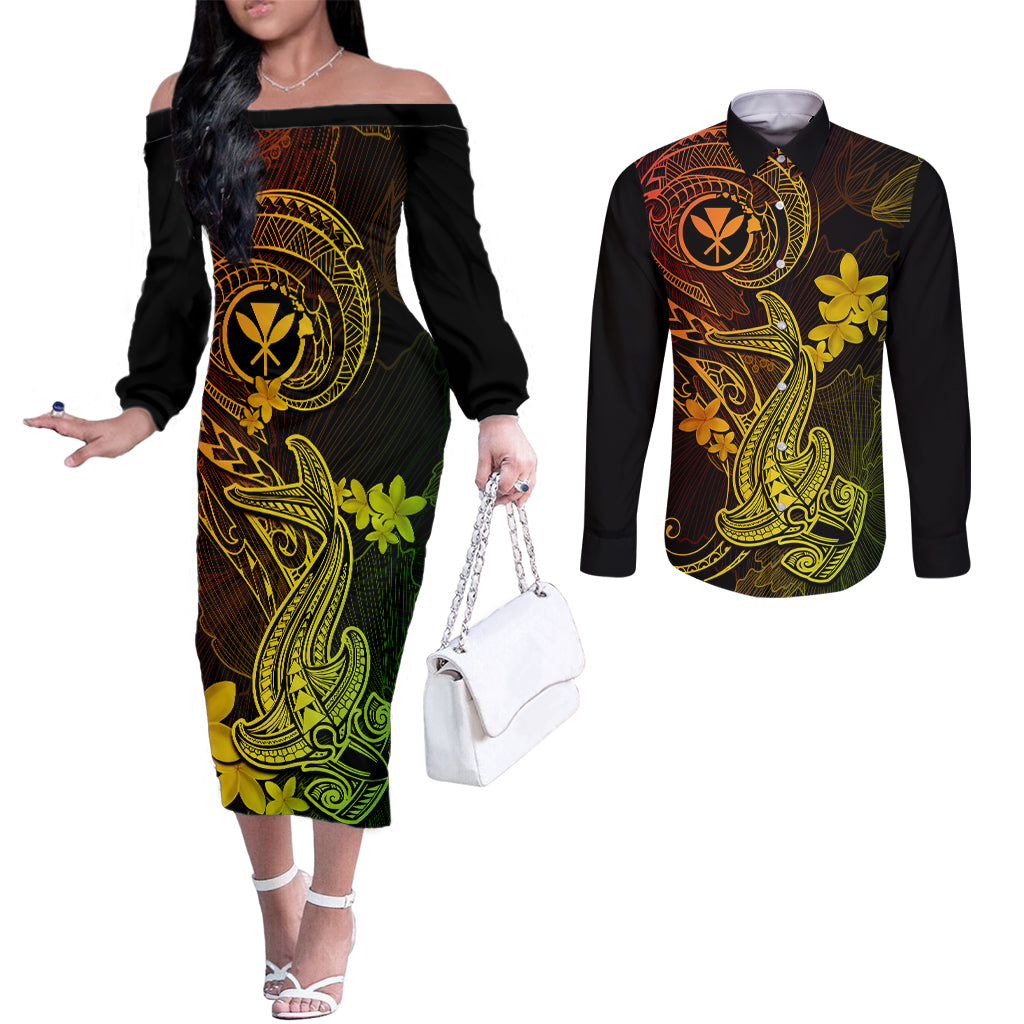 hawaii-couples-matching-off-the-shoulder-long-sleeve-dress-and-long-sleeve-button-shirts-hammerhead-shark-tattoo-mix-polynesian-plumeria-reggae-version