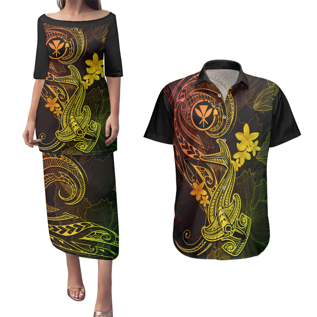 Hawaii Couples Matching Puletasi Dress and Hawaiian Shirt Hammerhead Shark Tattoo Mix Polynesian Plumeria Reggae Version - Wonder Print Shop