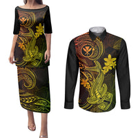Hawaii Couples Matching Puletasi Dress and Long Sleeve Button Shirts Hammerhead Shark Tattoo Mix Polynesian Plumeria Reggae Version - Wonder Print Shop